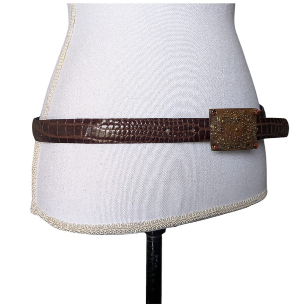 Vintage Elaine Coyne Brown Brass Square Leather Croc Embossed Belt Size Large - Picture 10 of 11